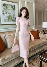 Rhinestone Embellished Puff Sleeves Dress S / LightPink